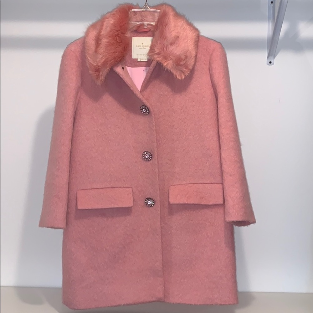 Kate Spade Faux Fur Trim Coat in Tulip Pink.